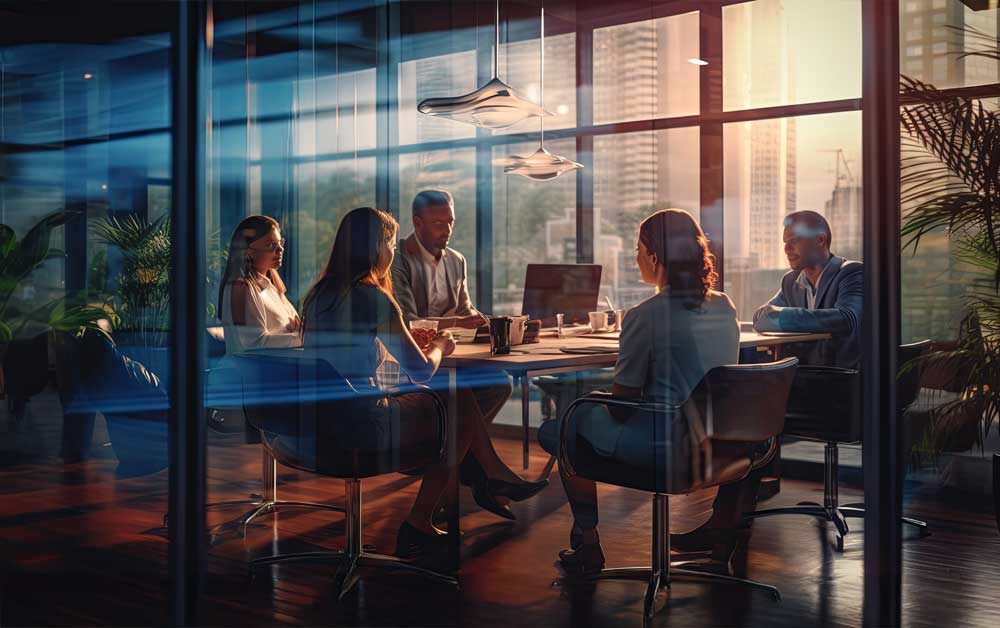 A business meeting with a group of people seated around a large table in a modern conference room.